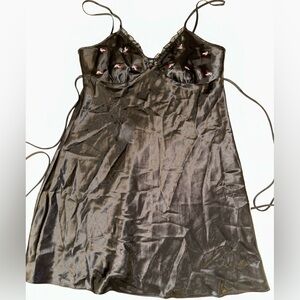 Adonna Women’s Slip Dress Medium Black Satin Pink Floral Lace Detail Adjustable